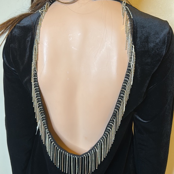 SHEIN Mock Neck Open Back Fringe Velvet Bodycon Dress Sz 3X Black - Picture 4 of 7